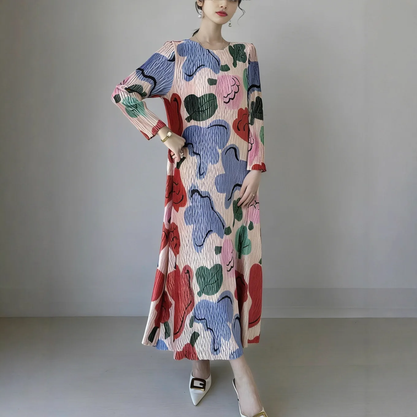 

Velvet Long Sve Dr Spring Autumn Stage Performance Large Size Women's Fro Skirt High Waist Polyester Pleated Gown