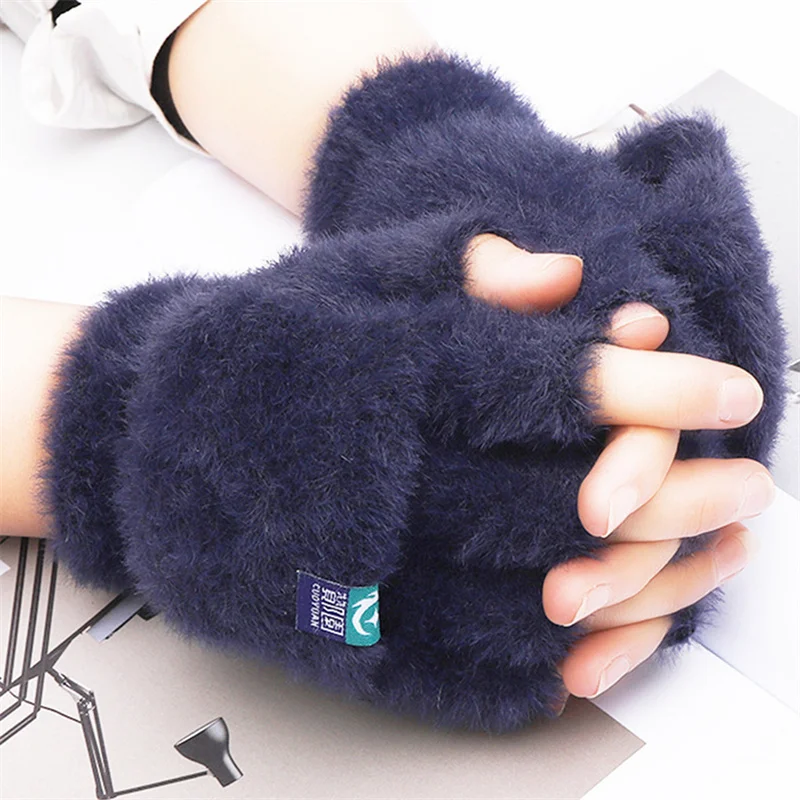 

Winter Rabbit Fur Mittens Women Warm Gloves Feamle Girls Flip Plush Glove Fingerless Thicken Warm Mitten Work Gloves Half Finger