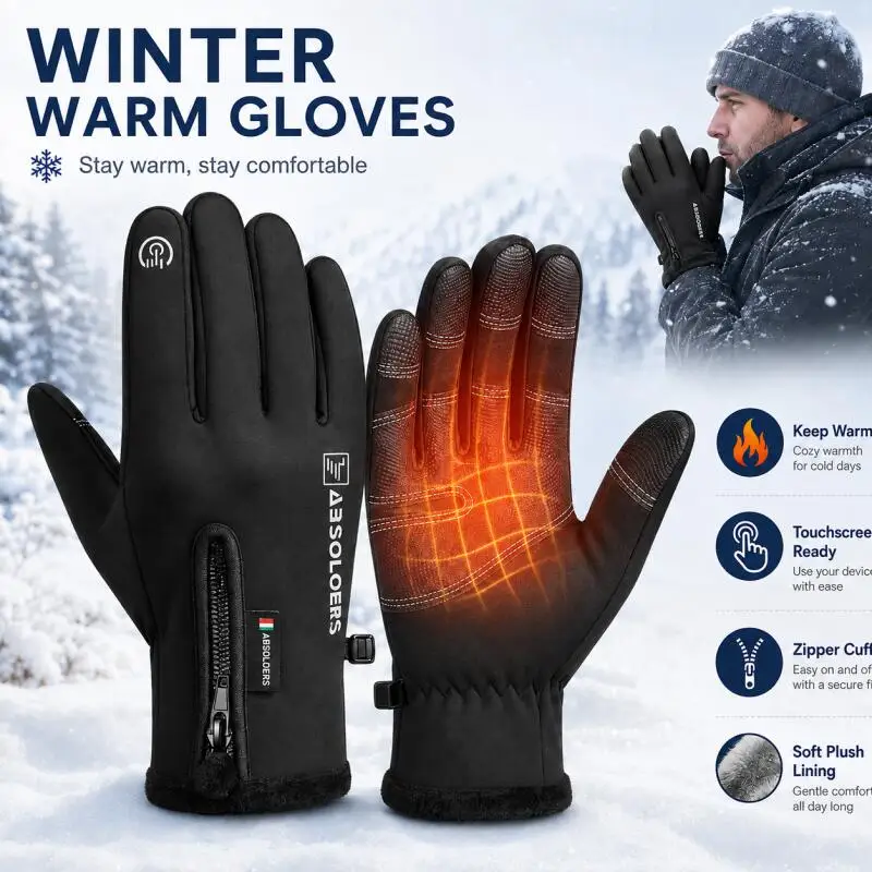 Winter Warm Touchscreen Gloves with Zipper Cuff, Full Finger Gloves for Cycling, Commuting, Driving & Outdoor Activities