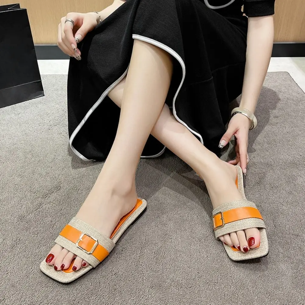 Ins chinelos de salto baixo de couro PU patchwork sola macia sandálias antiderrapantes chinelos elegantes para mulheres verão