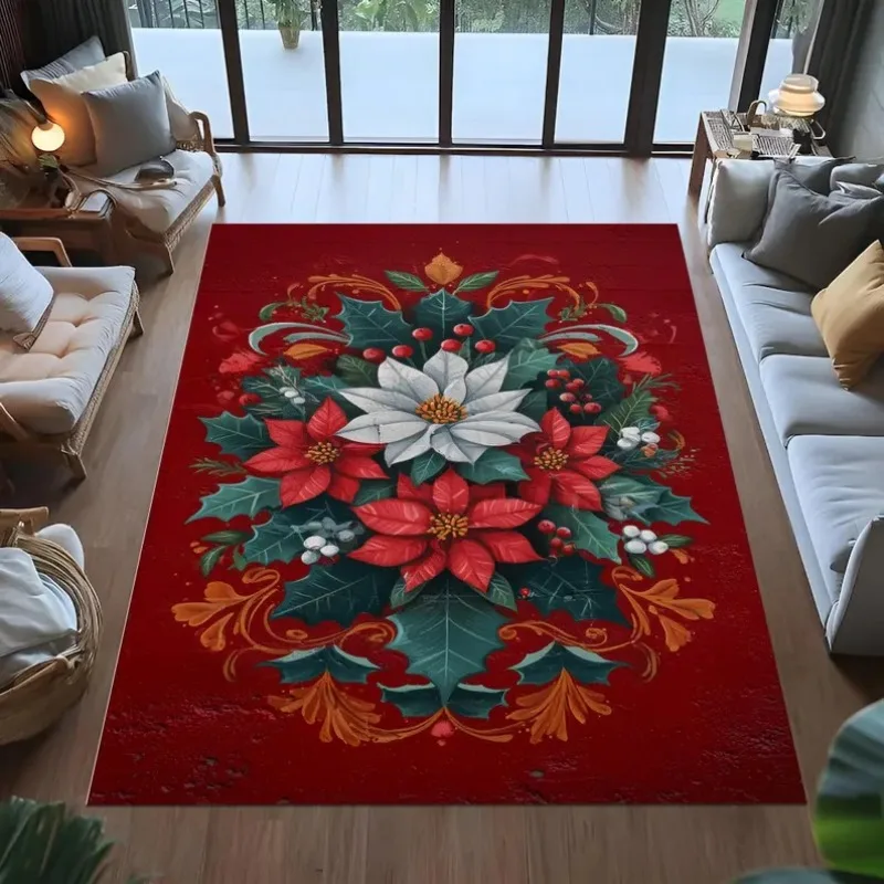 

Red Christmas Rug,white Red Poinsettia Rug,holiday Floral Decor Rug,festive Winter Rug,vintage Christmas Wall Art Rug,xmas Rug