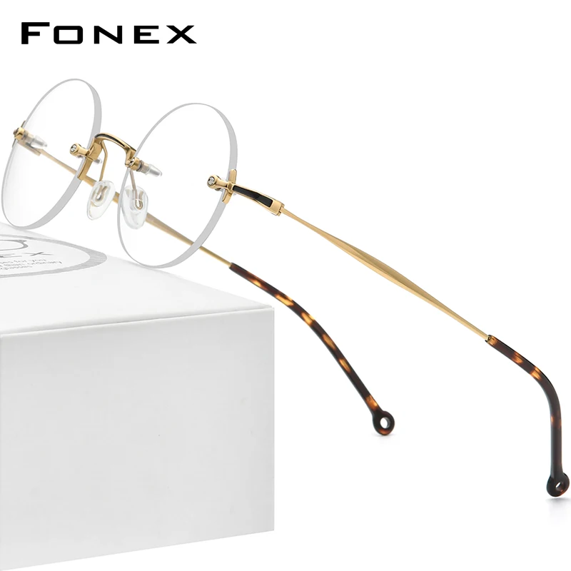 FONEX Pure Titanium Glasses Frame Men 2022 New Rimless Retro Round Eyeglasses Frames Women Eyewear F9141