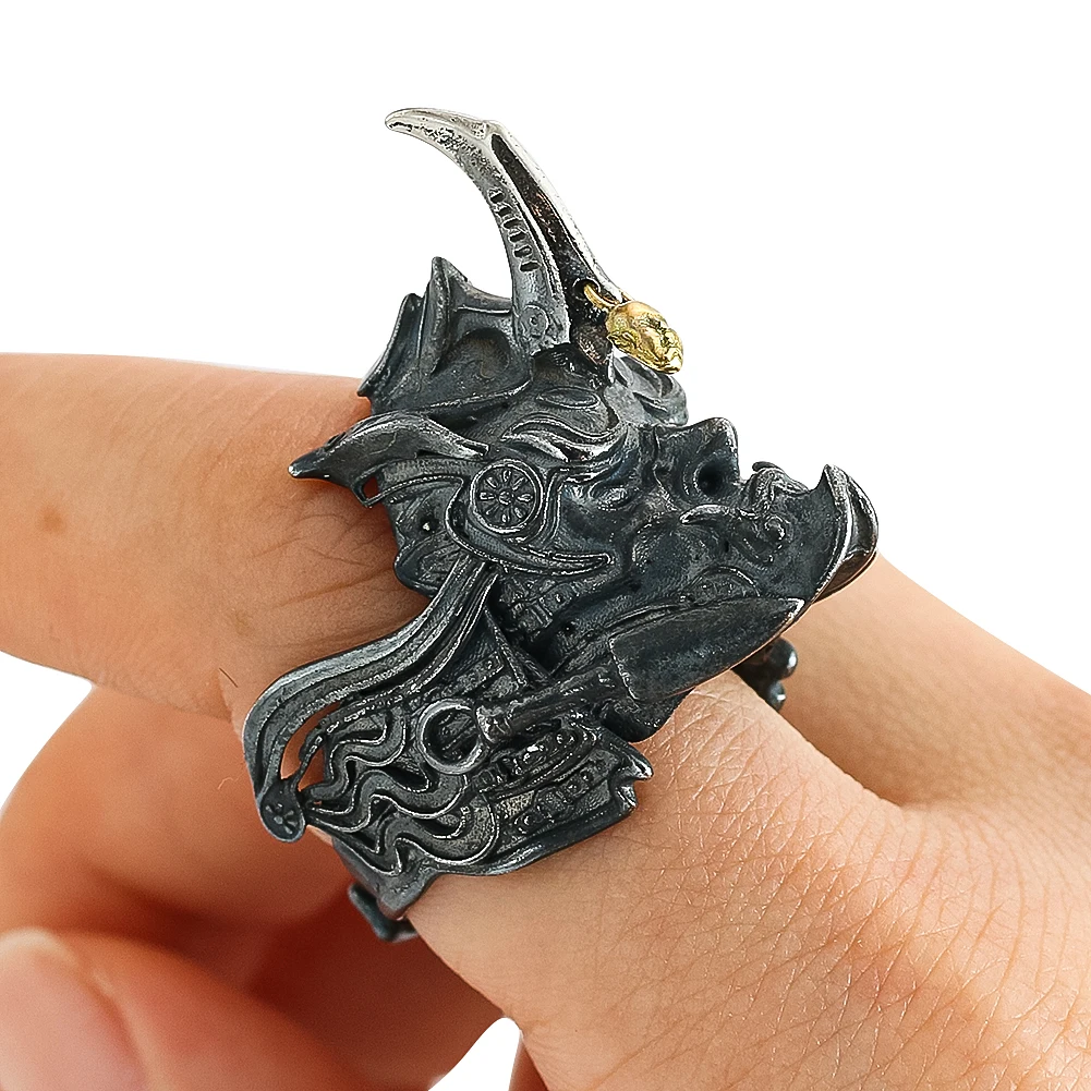 Retro Punk Bonjour Samurai Mask Ring Men Domineering Adjustable Warrior Finger Ring Hip Hop Biker Jewelry Gift Party Accessories