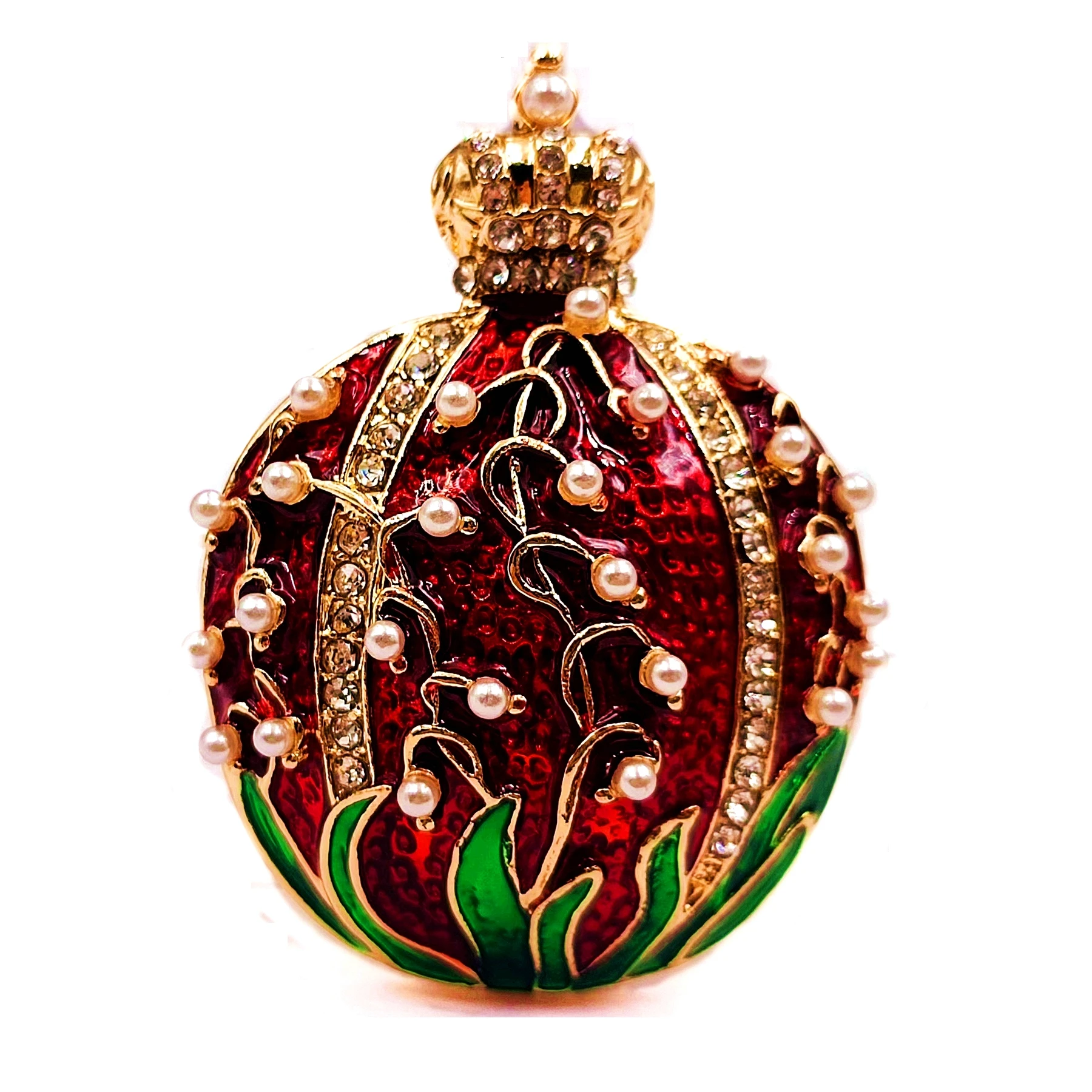 

Vintage Art Deco Crown Top Imitated Seed Pearl Red & Green Enamel Easter Egg Brooches Pins Metropolitan Church Festival Jewelry