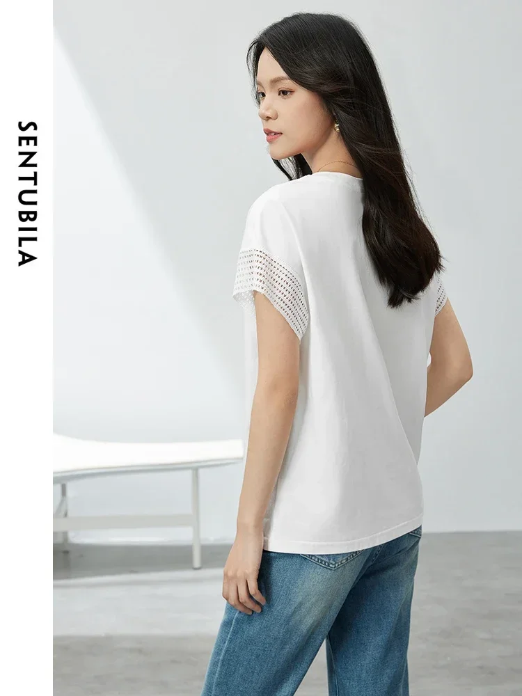 SENTUBILA Women Simple White T-shirts Summer Tops 2024 Fashion Casual Hollow Out Short Sleeve Round Neck Woman Tees 142T54105