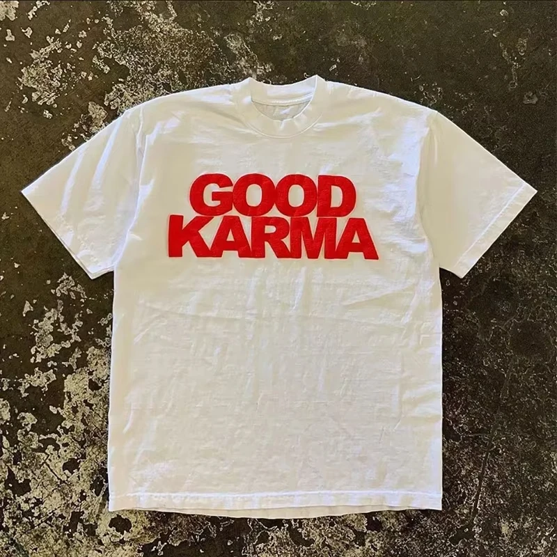 

Fashion Women Summer Tee Hip Hop Streetwear Tees Oversized Letter Print GOOD KARMA Y2k O-neck Loose Cotton Oversize Women's Top