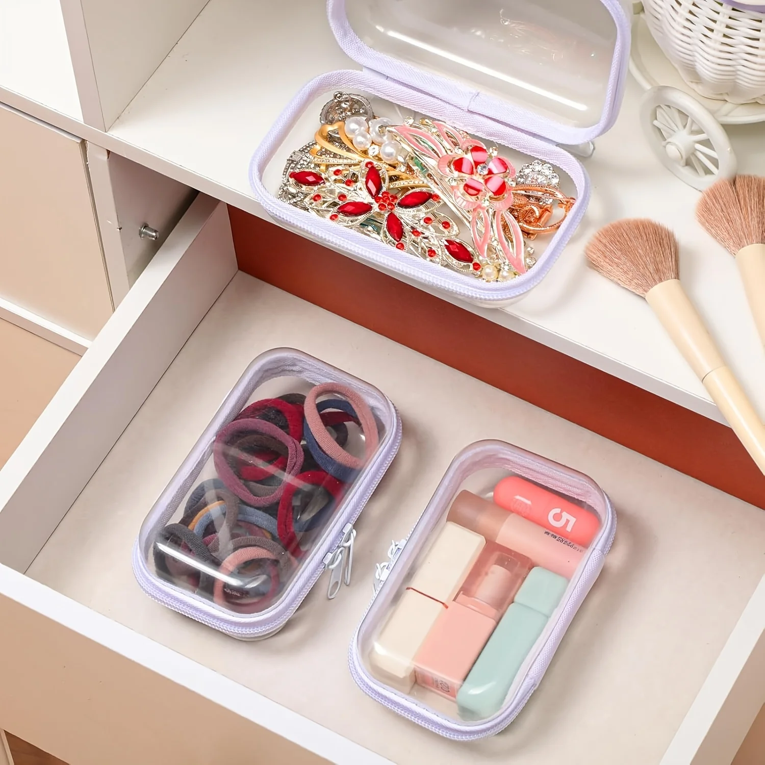 3Pcs Clear Hard Shell Storage Box Zippered Stackable Organizer Transparent Plastic Case for Travel Cosmetics Toy Craft