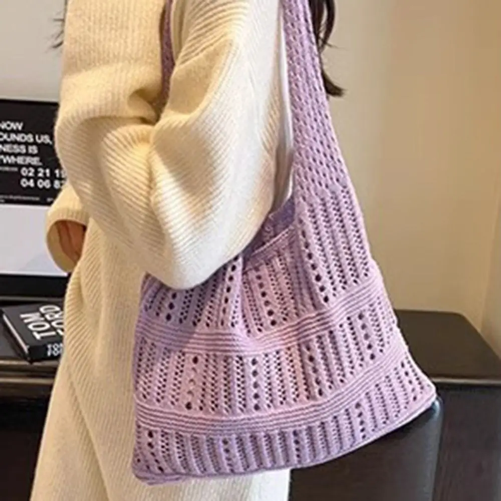 

Hollow Out Women Knitting Shoulder Bag Simple Vintage Beach Tote Bag Soft Spacious Casual Crochet Bag Daily