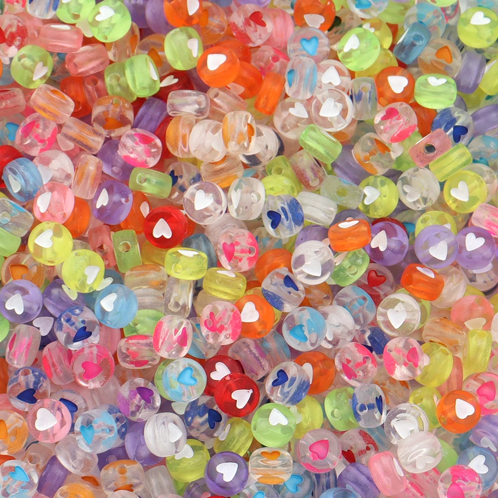 100 stücke 7mm Acryl Herz Perlen Bunte Transparente Flache Runde Lose Perlen Für Schmuck Machen DIY Armbänder Halskette Zubehör