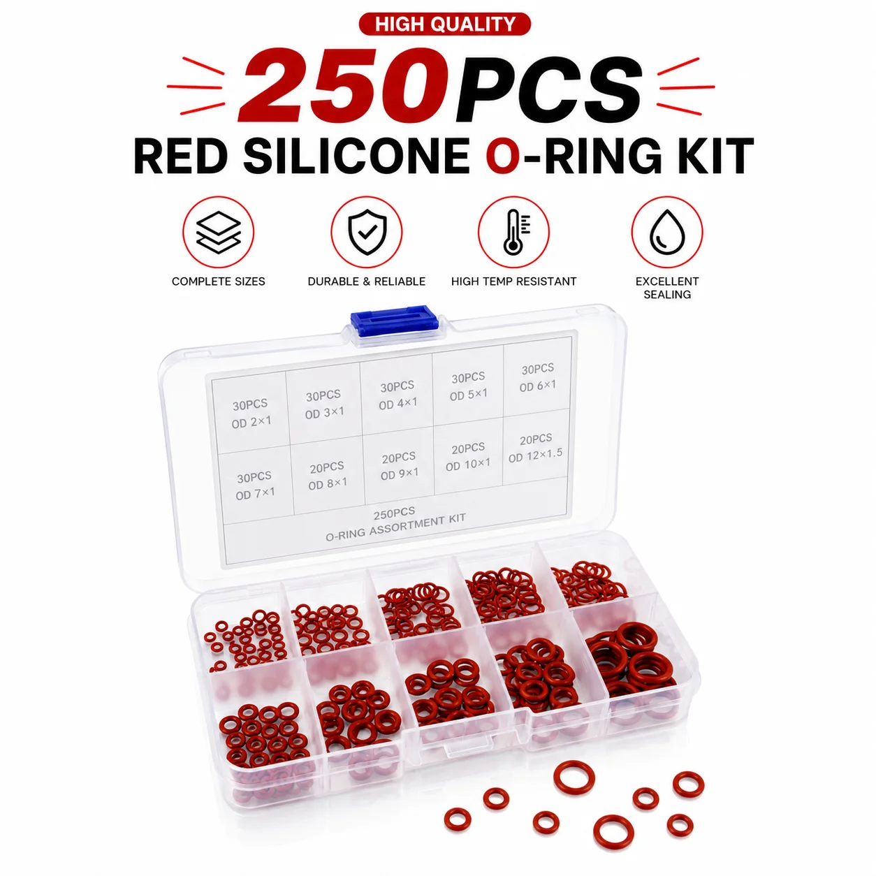 250 CS 1mm/1.5mm Outer Diameter 4-10mm Odorless Silicone O-ring, Boxed Waterproof Sealing Gasket Repair Kit