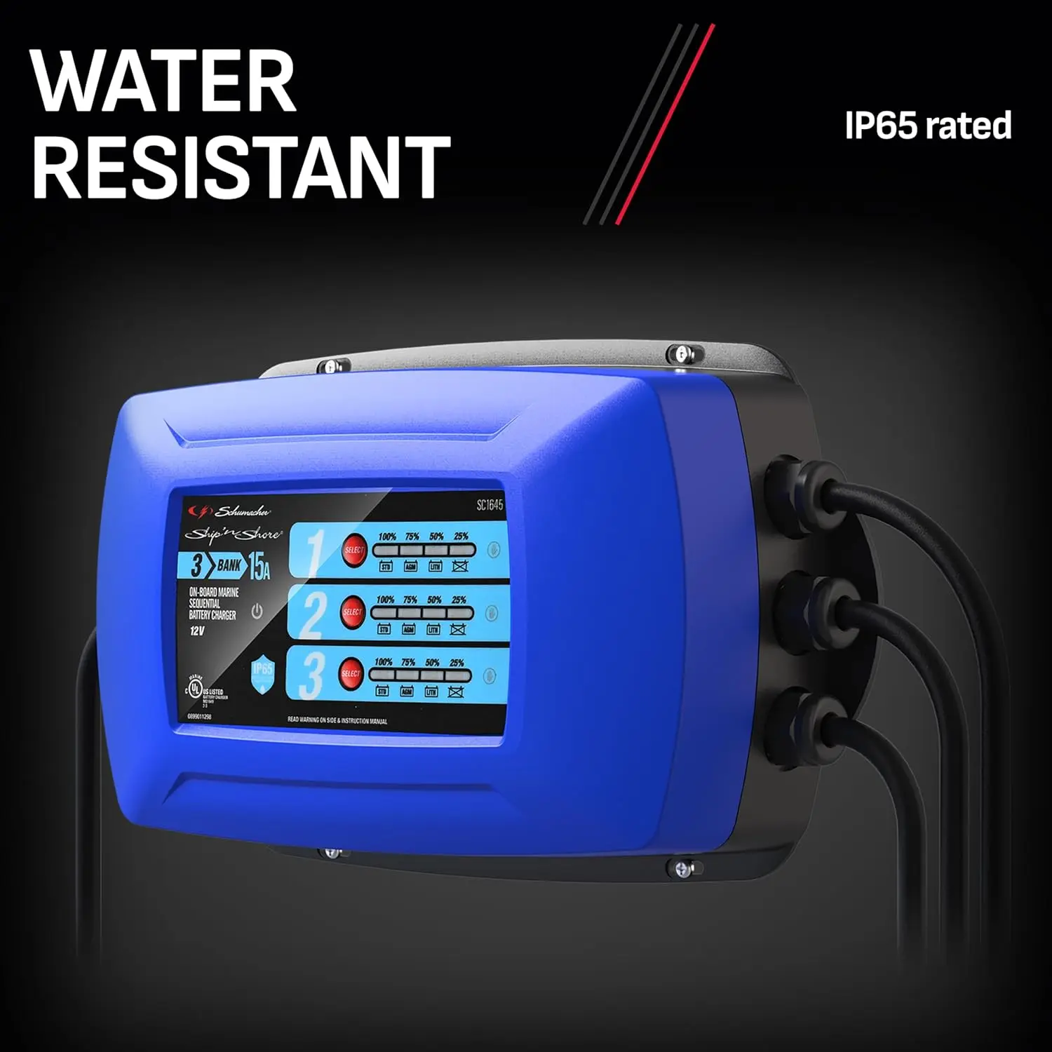 

Three-Bank On-Board Marine Battery Charger, SC1645, 2-in-1, Fully Automatic, Sequential Charging, Water Resistant, 15 Amps