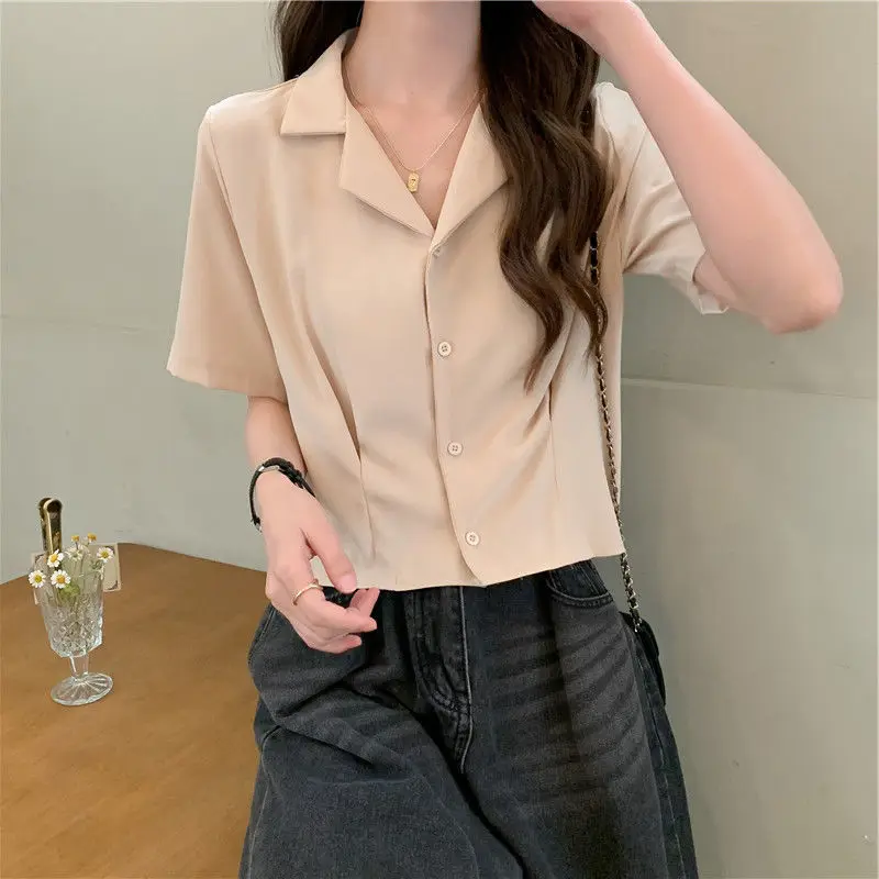 Shirts Women Summer Vintage Temperament Crop Tops New Arrival Stylish Simple Tender All-match Casual Notched Female Korean Style