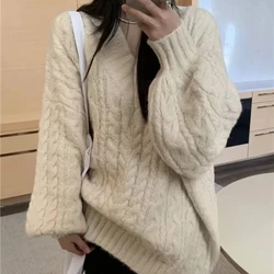 Korean V-neck Thickened Fried Dough Twists Sweater Women's Loose Outwear Lazy Style Design Small Crowd Warm Knit