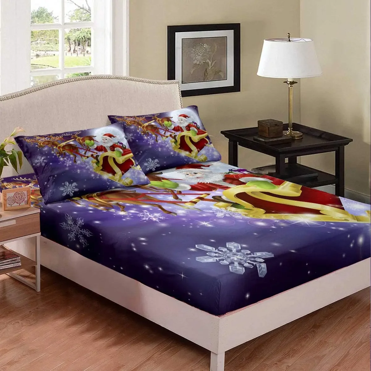 

Merry Christmas Theme Santa Claus Fitted Sheet Winter New Year Present Snowflake Elk Printed Microfiber for Adult Women Girl Boy