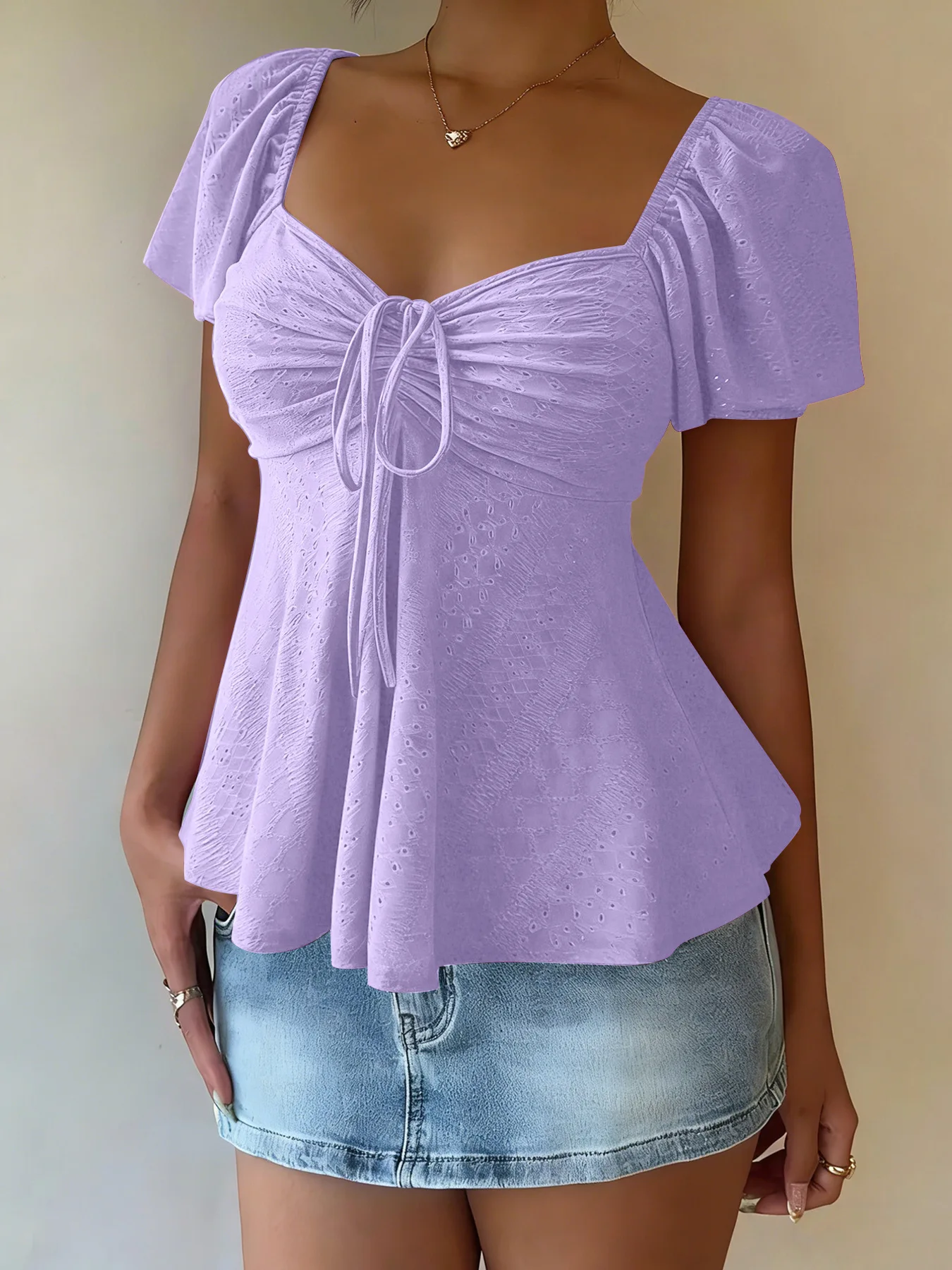 Summer Women's V-neck Drawstring Tie Sexy Short Sleeve Solid T-shirt