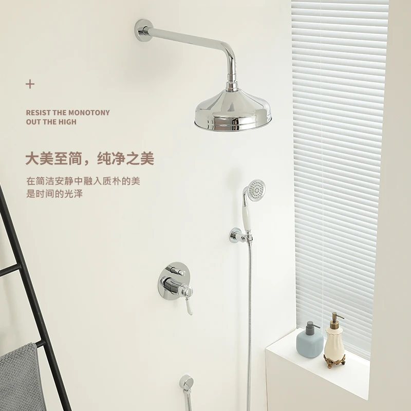 European style retro wall mounted shower in bathroom, fully copper embedded bathroom, hot and cold concealed shower head