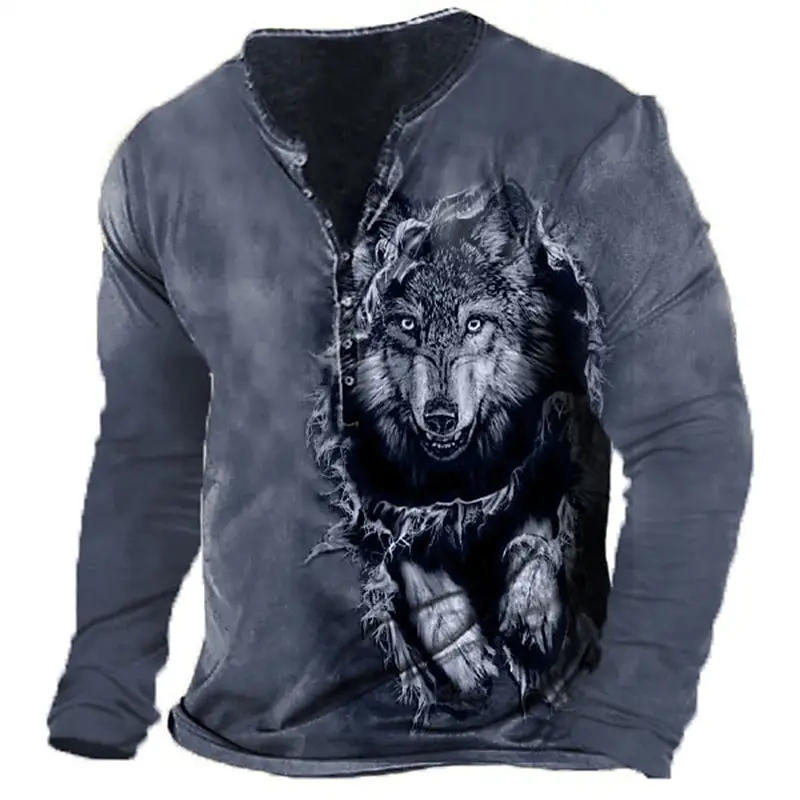 Vintage T-Shirt For Men Graphic T Shirts Wolf Cotton Men\'s 3D Printed Henley Shirt  Long Sleeve Oversized Tee Male Clothing Tops