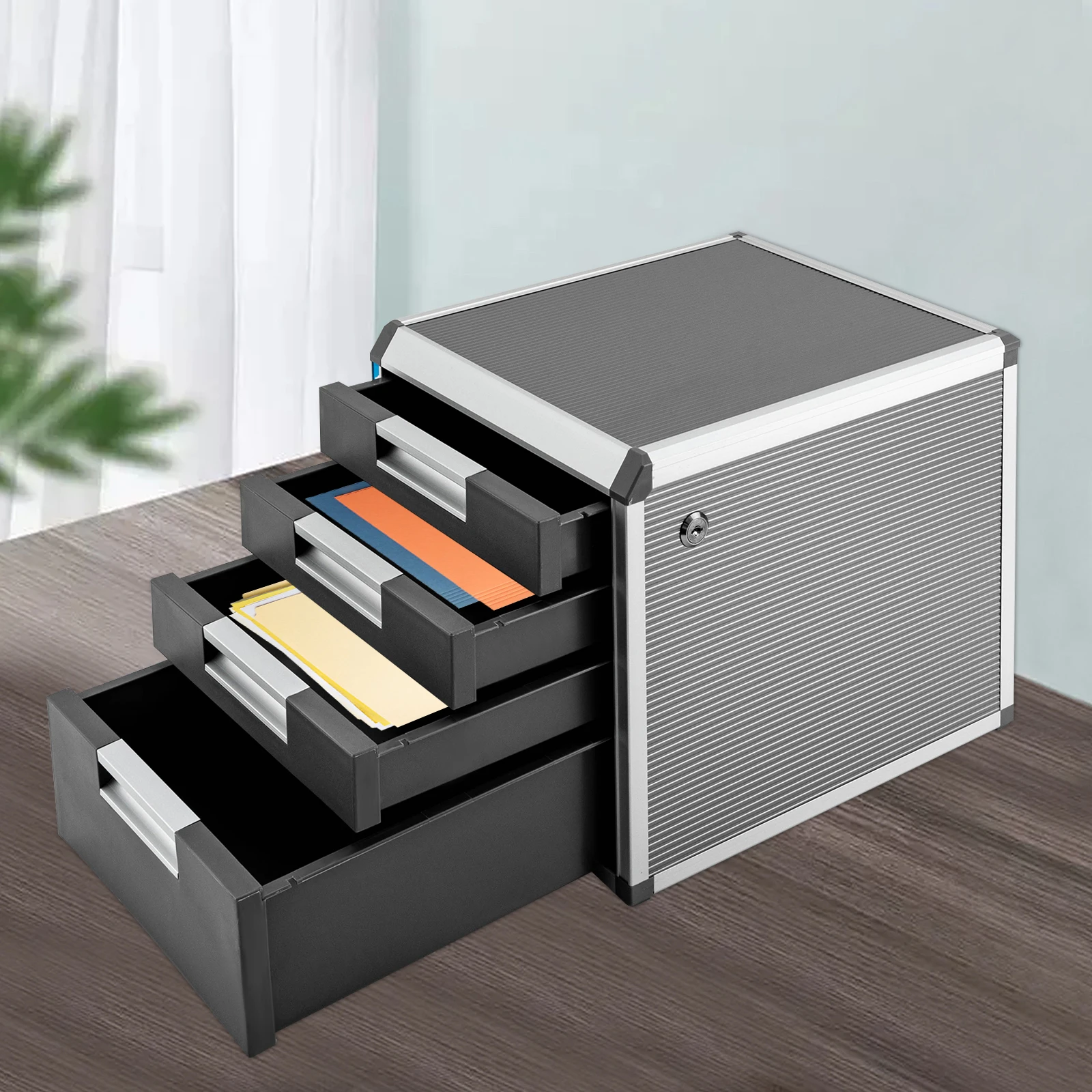 Silver Metal Drawer Box Lockable 4 Compartments DIN A4 Aluminium Alloy Document Storage Box Robust Organiser Box Document Box