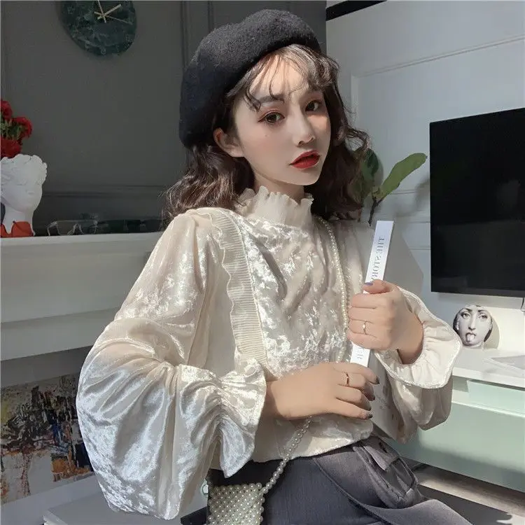 Elegant Wood Ear Collar Quilted Shirt Women's Autumn New Style Aging-Reducing Puff Sleeve Long Sleeve Top TT1219