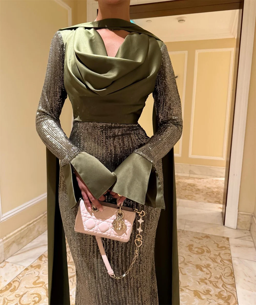 فستان كونتيسا دبي بأكمام جرس لامعة وغمد ثنيات للحفلات الراقصة وربطة عنق وربطة عنق من فساتين سهلة الطول بطول الأرض أردية السهرة