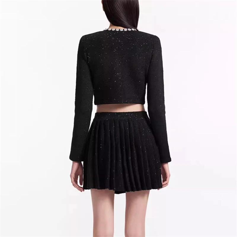 Fall new women's round neck rhinestone buttonDecorated knitted long sleeve jacket y2k high qualityFashion mini pleated skirt set