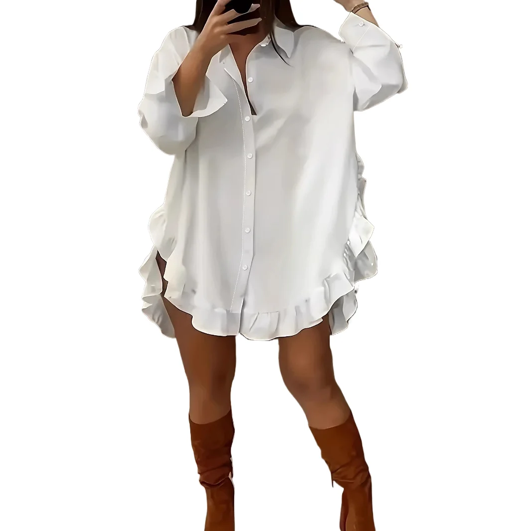 

Fashion Loose Ruffle Dress Elegant Lady Shirt Spring Lapel Single Breasted Irregular Hem Short Style Shirt Dress