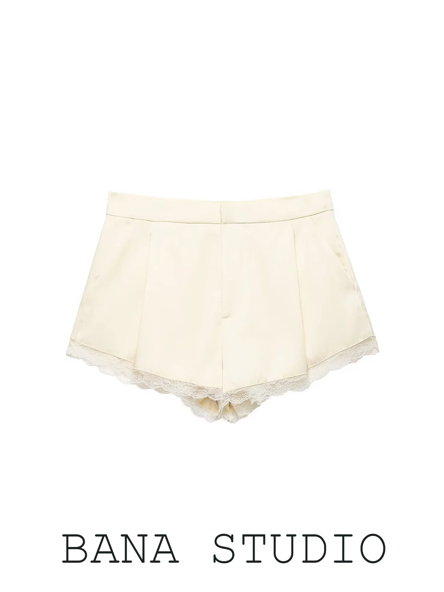 

BANA Women's Wide Leg Short Pants Summer Outfit Pearl Imitation Satin Lace High Waist Straight Cut Non-Stretch French Style