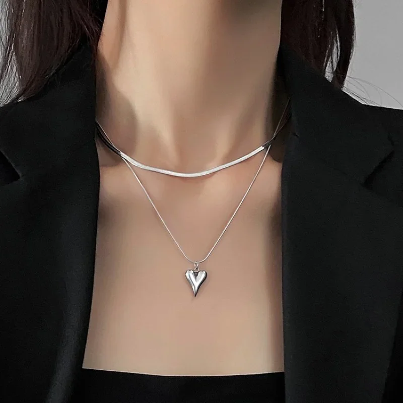 Double Layered Love Heart Pendant Necklace for Women Simple Necklace Chain Jewelry Wholesale image 5