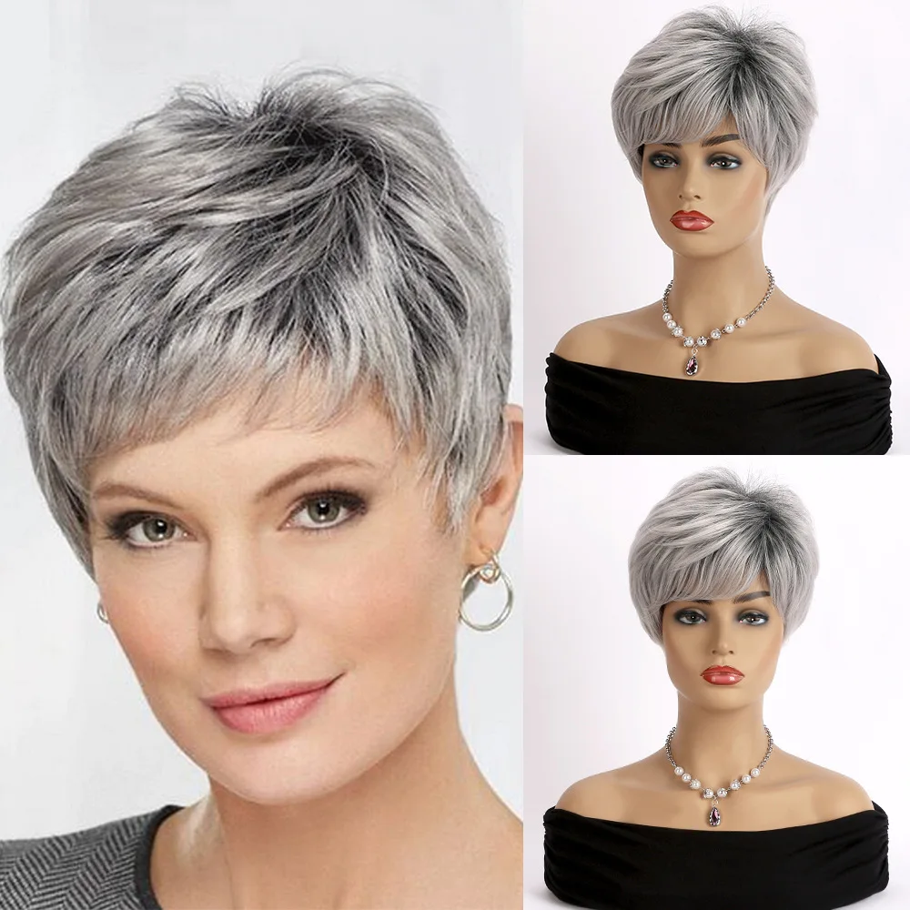 Pelucas sintéticas cortas de corte Pixie para mujer, pelo liso Natural, gris plateado con flequillo, pelo Mommy, peluca rizada ombré para fiesta de disfraces