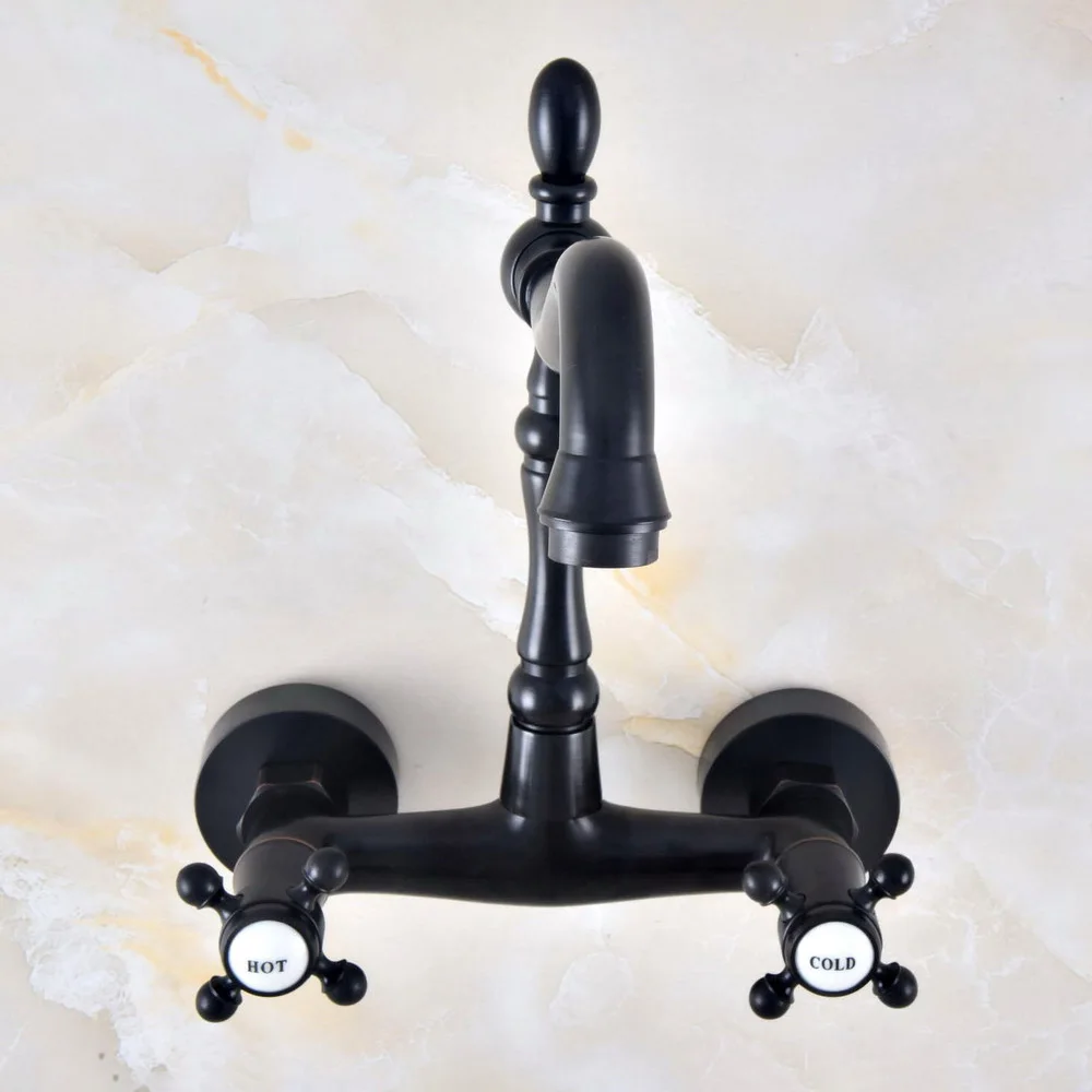 

Black Oil Rubbed Brass Wall Mounted Swivel Spout Bathroom Sink Faucet Double Handle Mixer Tap Wall Mounted Lnf452