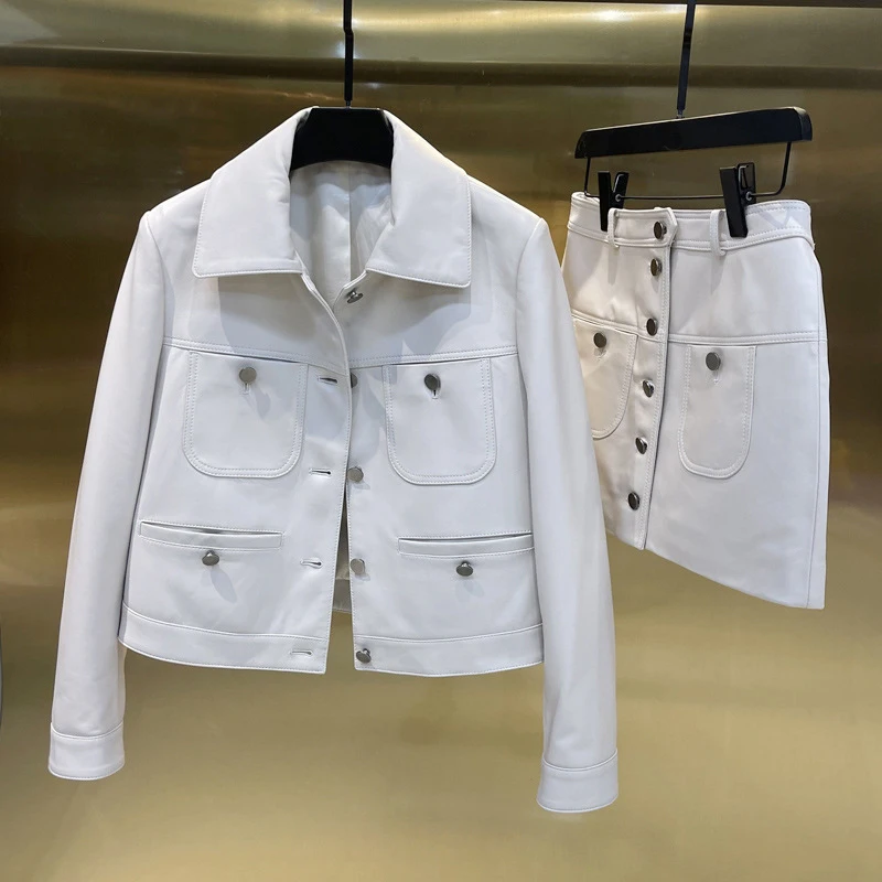 Two Piece Set Women Autumn Genuine Leather Square Collar Single-Breasted Pocket Slim Jackets Sheepskin Short White Skirt Sets