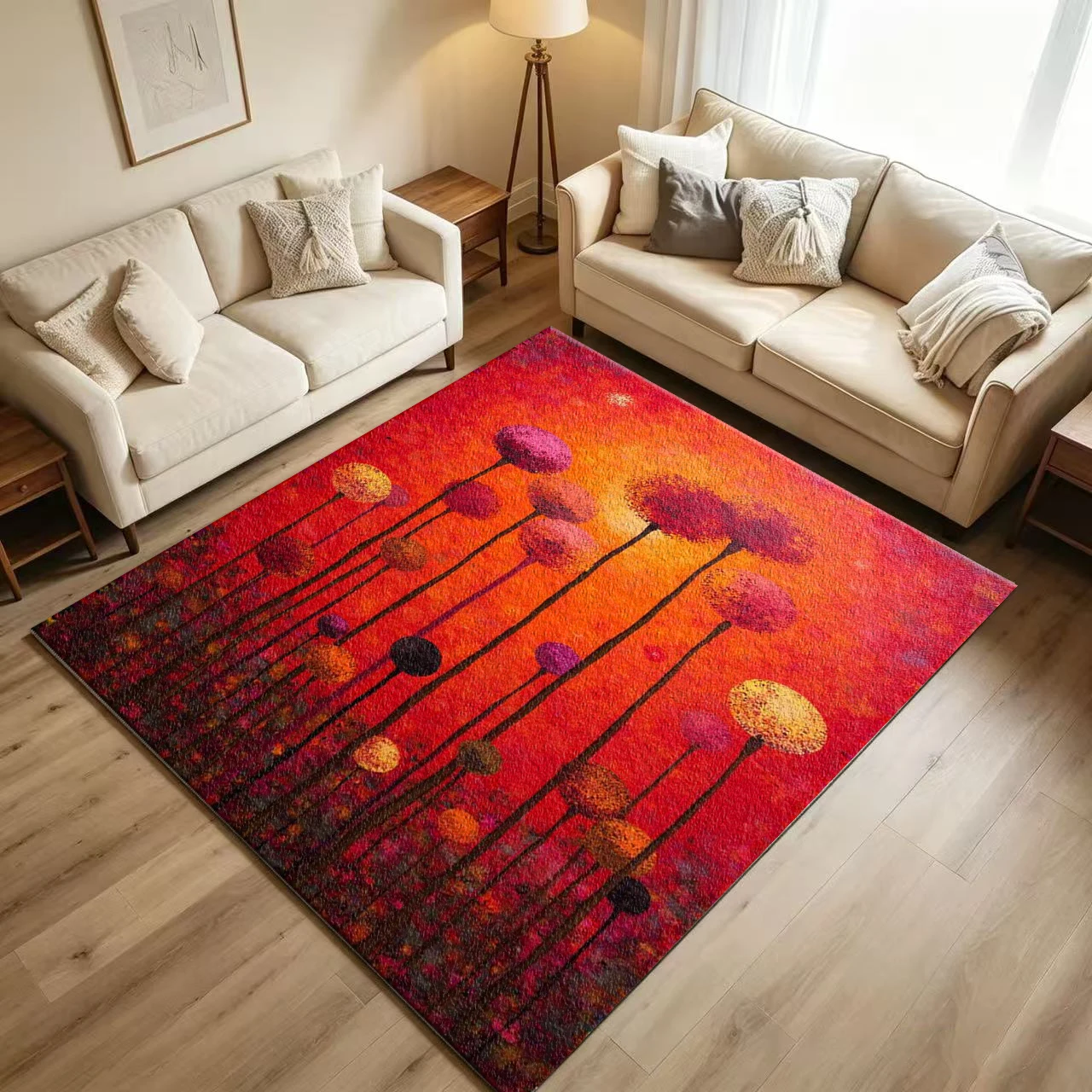 Abstract Dandelion Art Painting Carpet Flooring Warm Red Orange Textured Plant Printed Floor Rug for Household Indoor Home Ornament