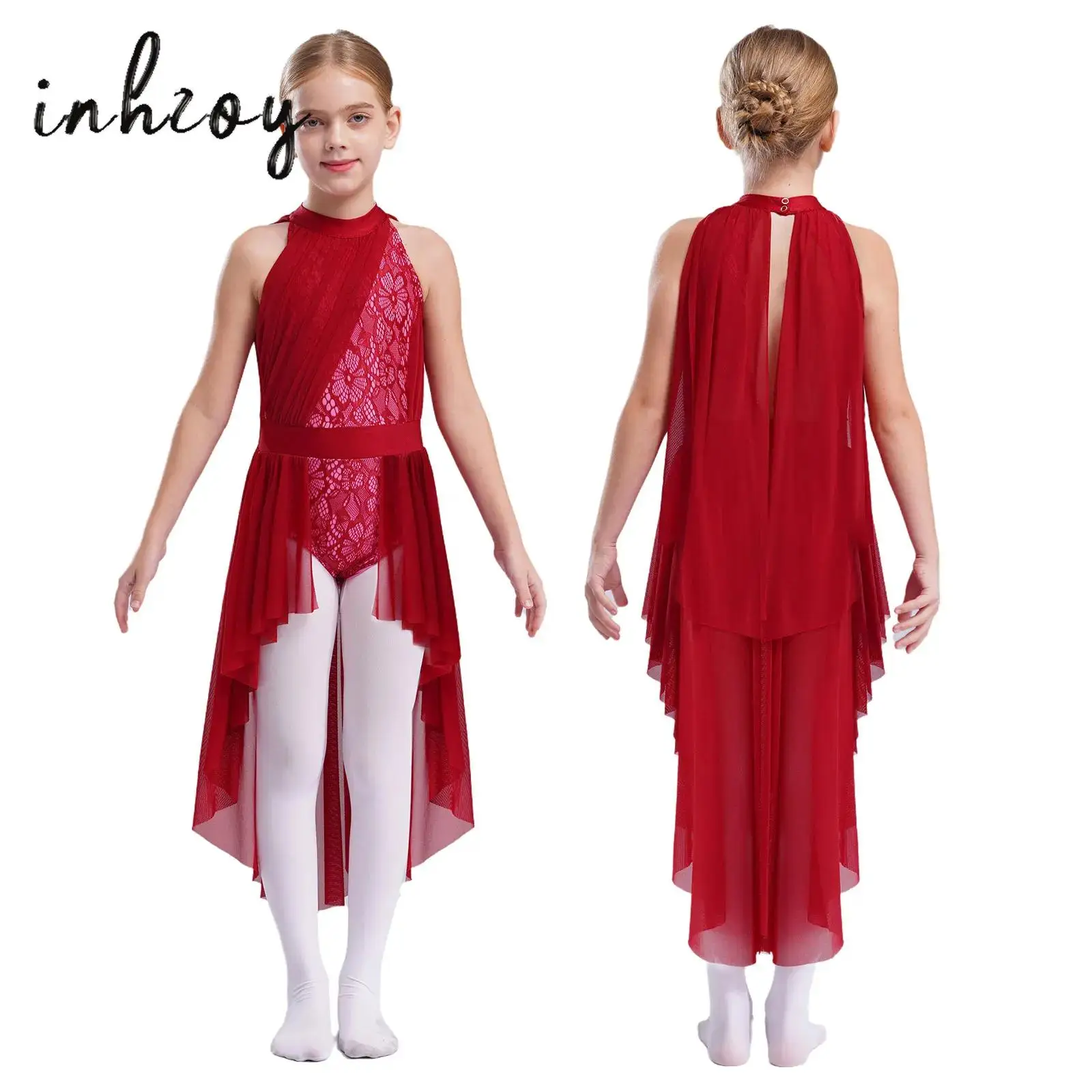 

Kids Girls Lyrical Dance Dress Sleeveless Cutout Back Hollow Out Lace Mesh Overlay Skirted Leotard Ballet Performance Costume