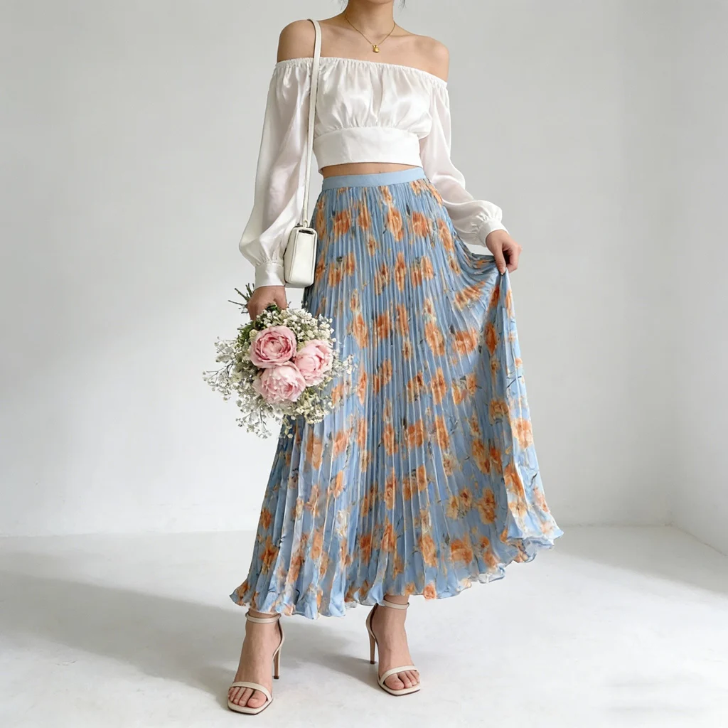 Flower Pleated Long Skirt Women Summer Elastic High Waist Fashion Office Ladies Work Party Beach Maxi Skirt