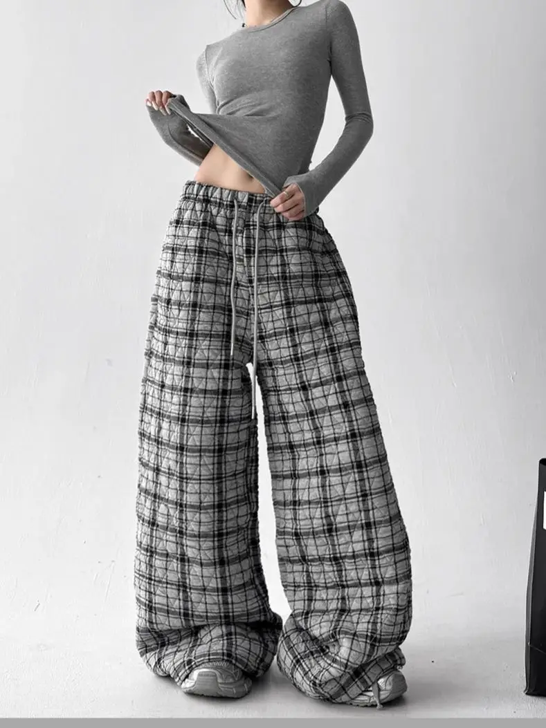 

Diamond And Cotton Plaid Sweatpants Eomen's 2025 Einter New Wide-Leg Warm Cold-Proof Meat-Xovering Slimming Casual Long Pants