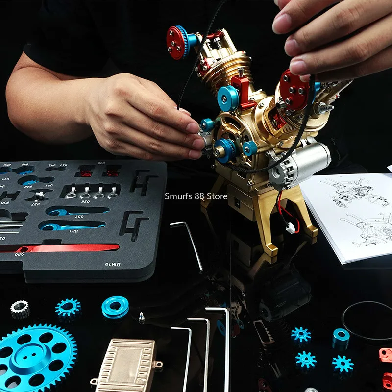 TECHING Mini V2 Engine Model Metal Two Cylinder Engine Can Be Movable DIY Assemble Model Collected Gift Science Education Toys