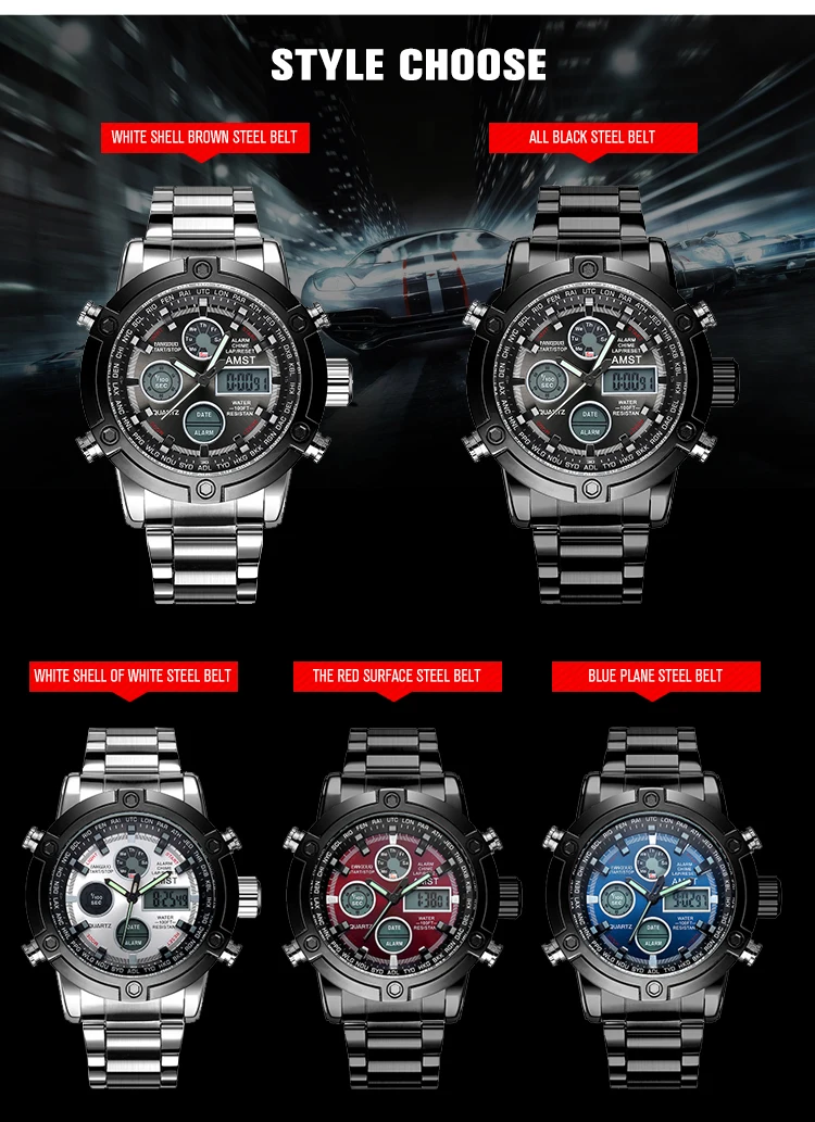 Watch Men Top Brand AMST 3022 Dual Display Wristwatches Luxury Watches Sports Military 50M Waterproof Relogio Masculino