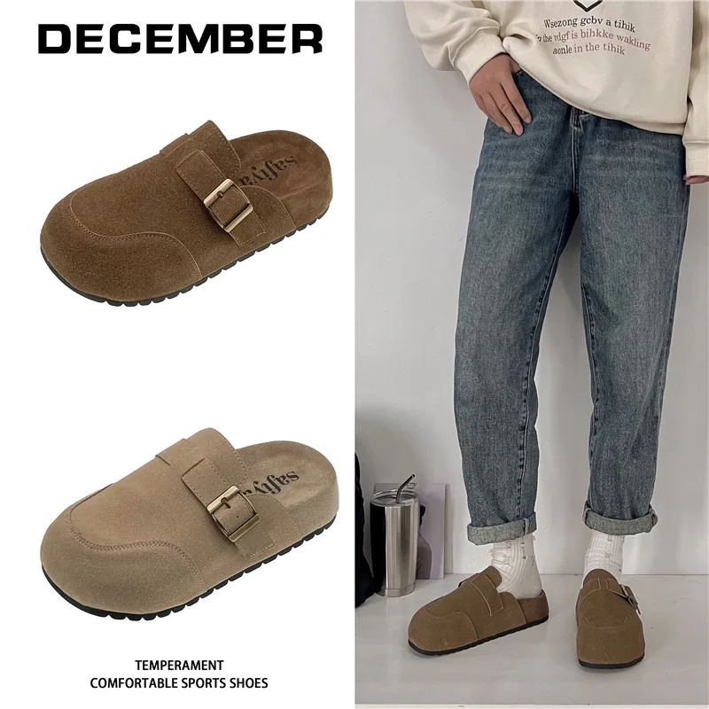 Platform Fashion Women's Suede Mules Slippers Men Clogs Cork Insole Sandals With Arch Support Outdoor Beach Slides Home Shoes