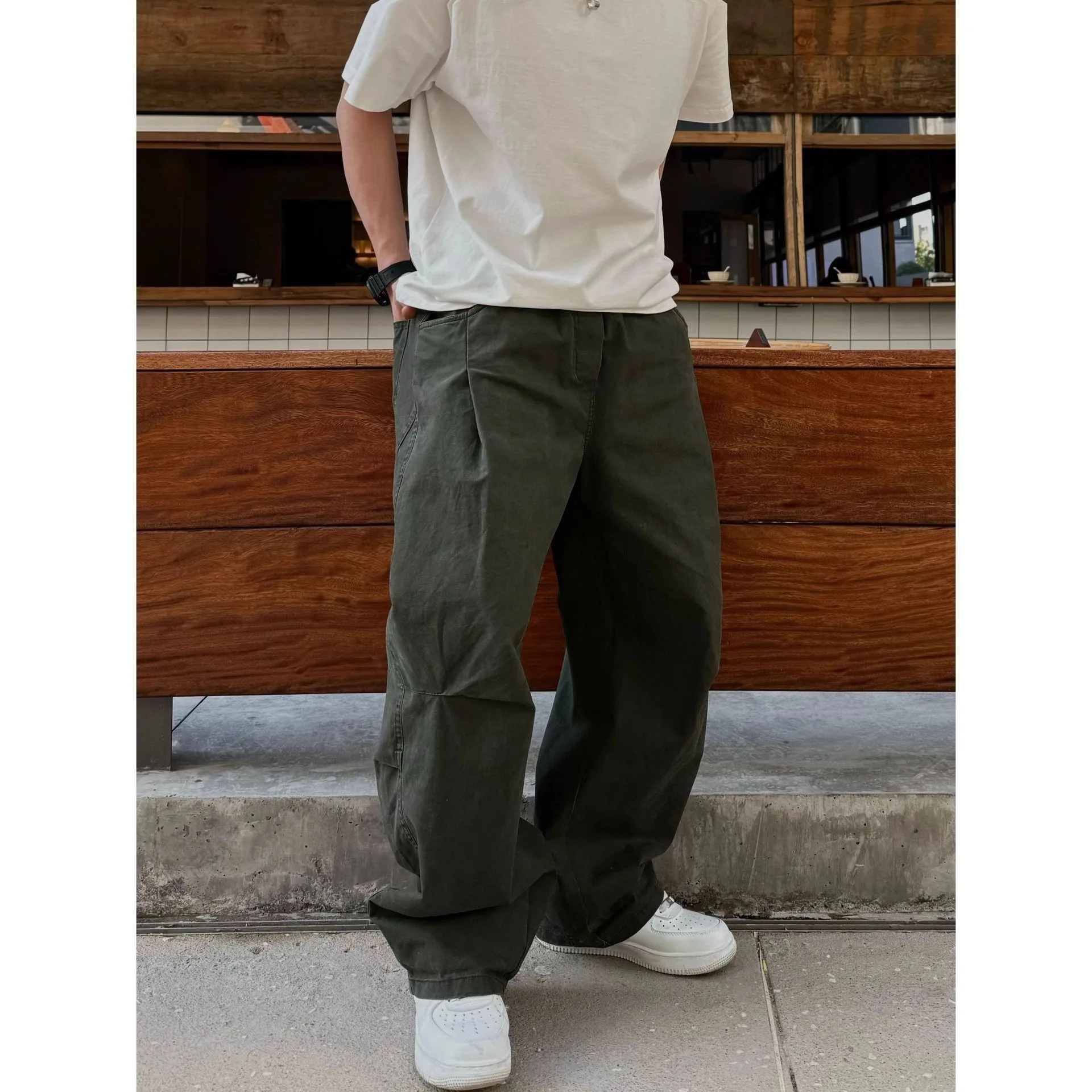 

Лето 2022, новые военные зеленые потертые хлопковые свободные прямые широкие брюки-карго, мужские повседневные универсальные длинные брюки