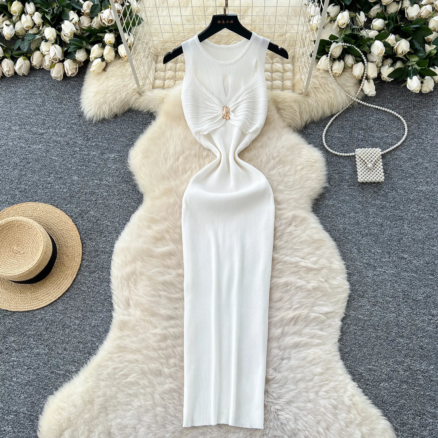 

Women Knitted Dresses Bodycon Dress Y2k Ankle Lenth Sleeveless Round Collar Shirring Cut Out Vestidos Casual Elegant 2025 Autumn