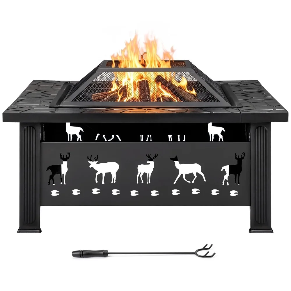 Outdoor Fire Pit, 32 Inch Wood Burning Firepits - Deer Design