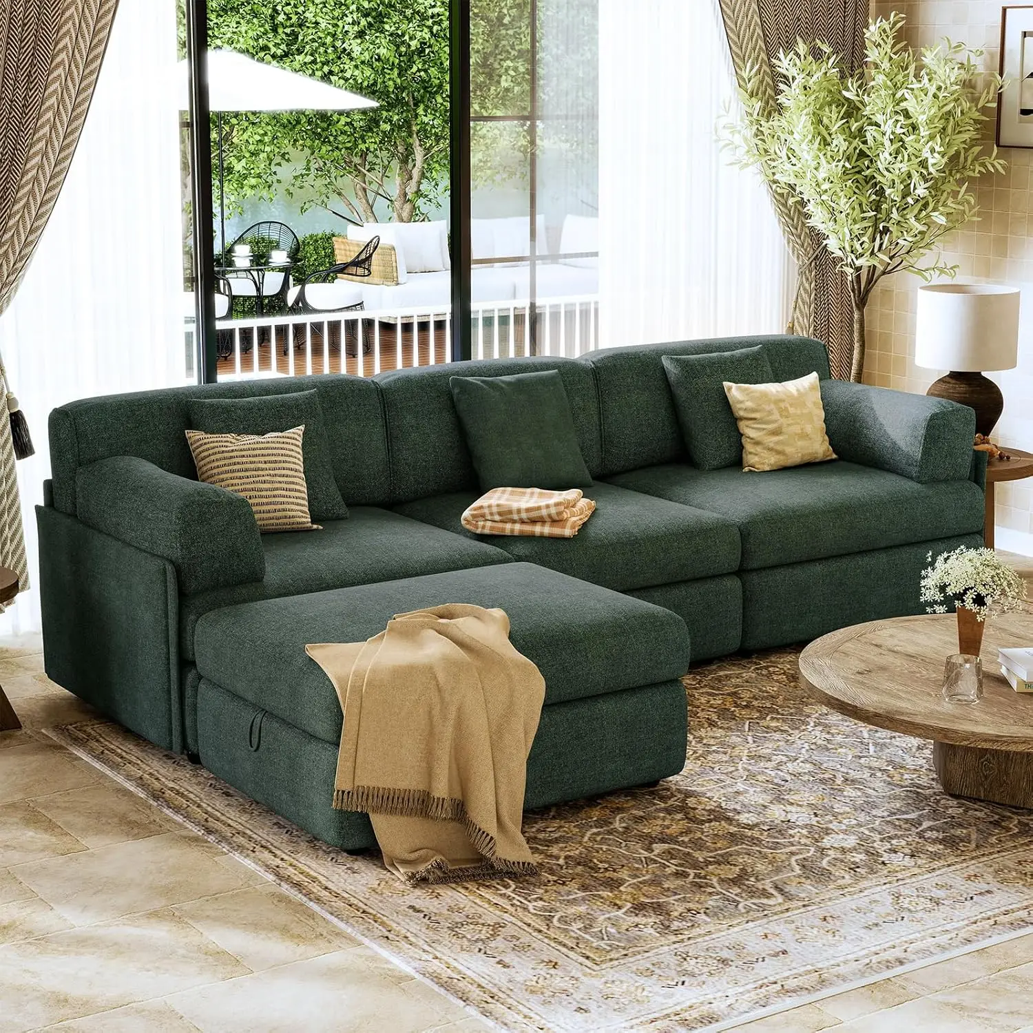 

Модульный секционный диван 108 дюймов, глубокое сиденье, удобный, угловой (L-образный) с оттоманкой для хранения, деревянный каркас, для гостиной, зеленый шенилл, на заказ