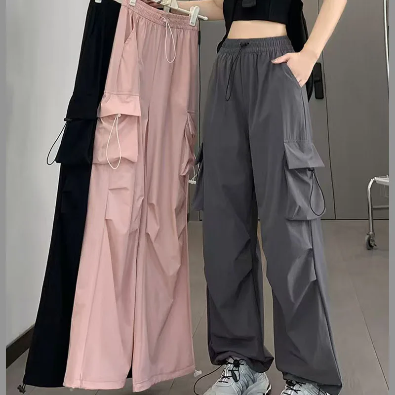 

Retro women's hip-hop design, high street workwear, casual pants, loose straight leg, wide leg, big pocket, leg binding pants