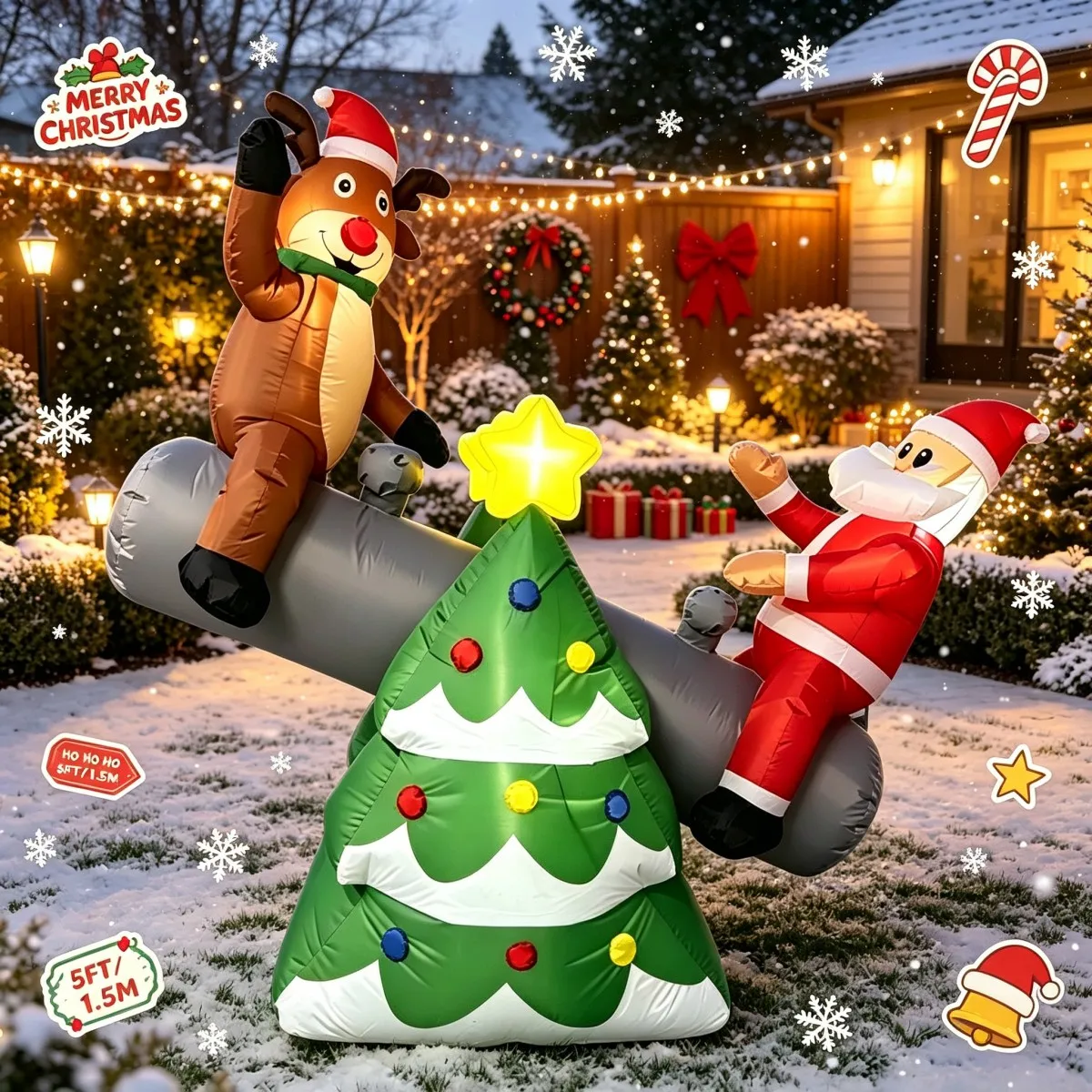 Outdoor Holiday Decorations Christmas Inflatable Seesaw Santa Reindeer Tree LED For Backyard Outside Display