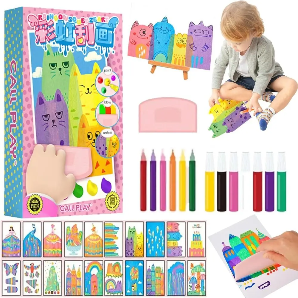 Squeegee Art Kids Paint Kit دهان داي قوس قزح دوت اللون خدش الحرفية مجموعة اليدوية الكتابة على الجدران خدش اللوحة ورقة