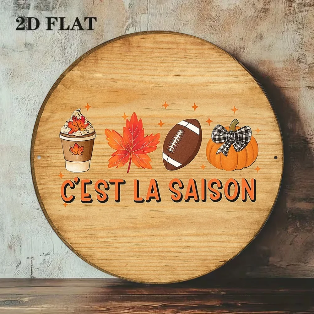 2D Flat Vintage Round Aluminum Wall Art Autumn Fall Decor for Porch Kitchen Cafe Indoor Outdoor Wall Decor Plaque