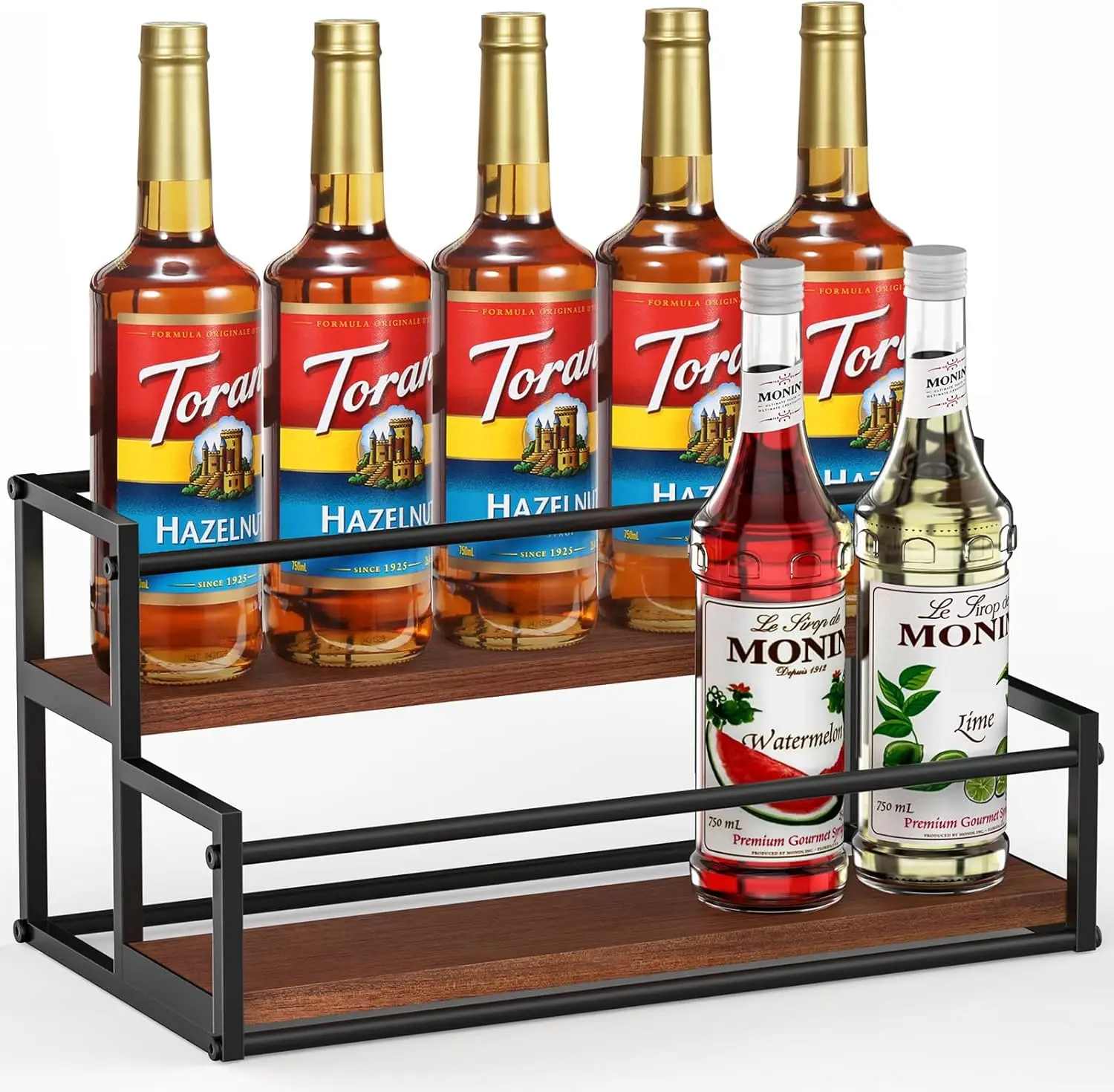 

2-Tier Coffee Syrup Rack Organizer for 10 Bottles, Kitchen Storage Stand for Wine and Dressing
