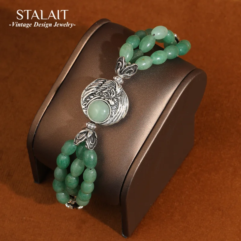 

Vintage Beaded Green Bracelet Jade Natural Stones Antique Silver Color Fish Chinese Style Woman Charm Luxury Accessories Jewelry