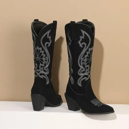 Western-Stil Nähen Totem spitzen Zehen Mitte der Wade Damen Stiefel Block Heels braun schwarz Freizeit Freizeit schuhe für Frauen 2024