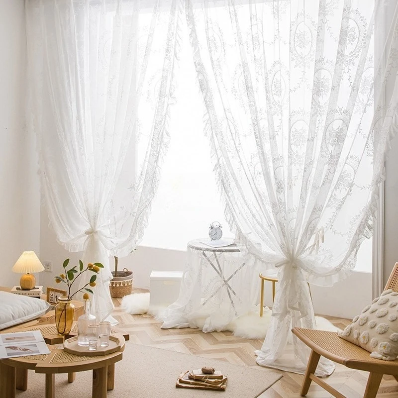 

Curtain Floral Jacquard Living Room Curtains French Style with Ruffle Romantic Semi-sheer Window Treatment 2 Panels Rod Pocket